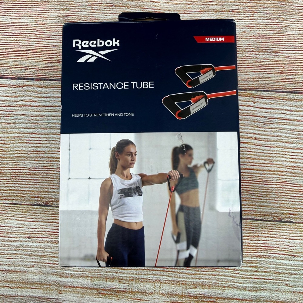 Reebok Resistance Tube Medium Strength Exercise Band Red Black Foam Handles